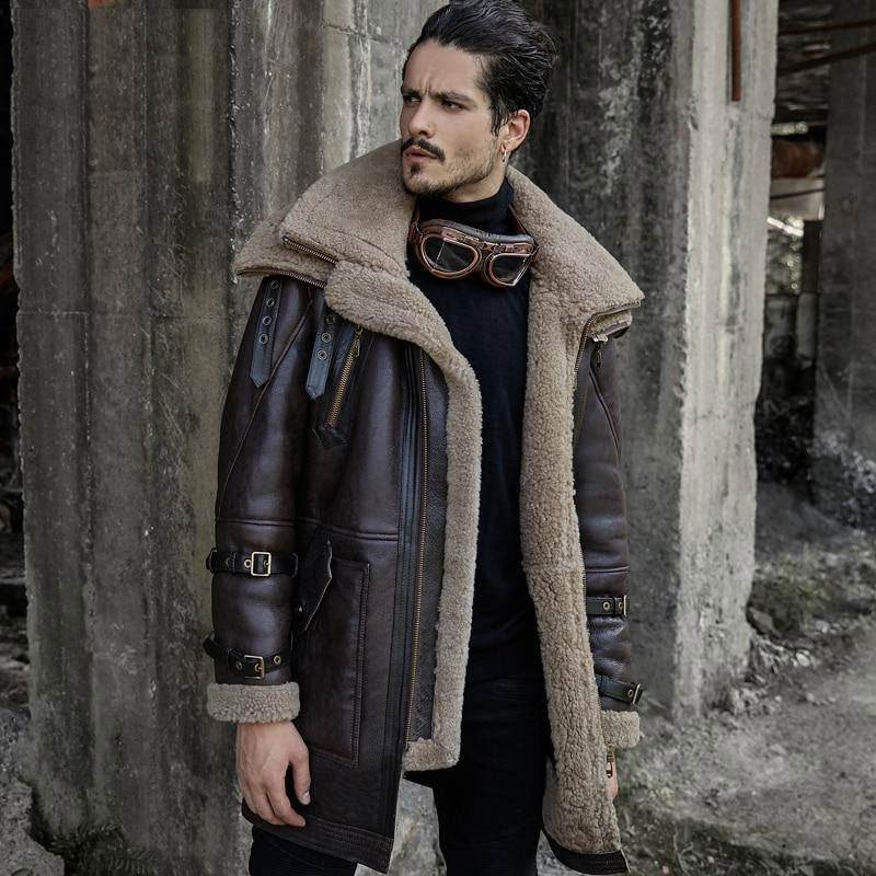 Men's Sheepskin B3 Flight Jacket Men’s Shearling Aviator Fur Long Jacket Coat