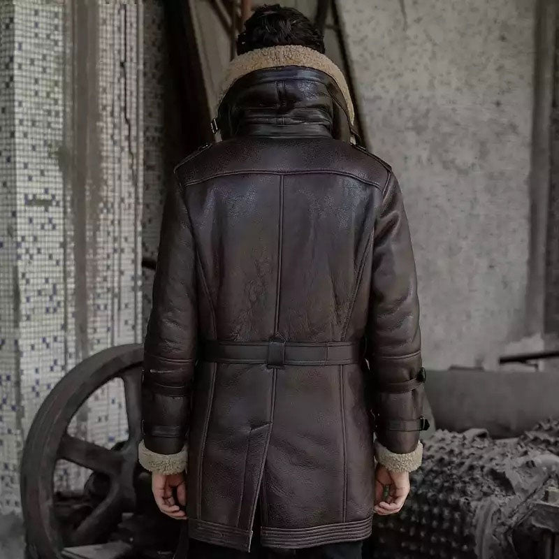 Men's Sheepskin B3 Flight Jacket Men’s Shearling Aviator Fur Long Jacket Coat