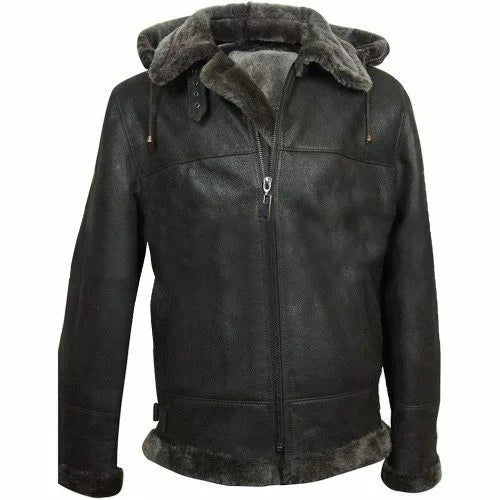 Men’s Aviator Flight Fur Shearling B3 Hooded Black Leather Jacket