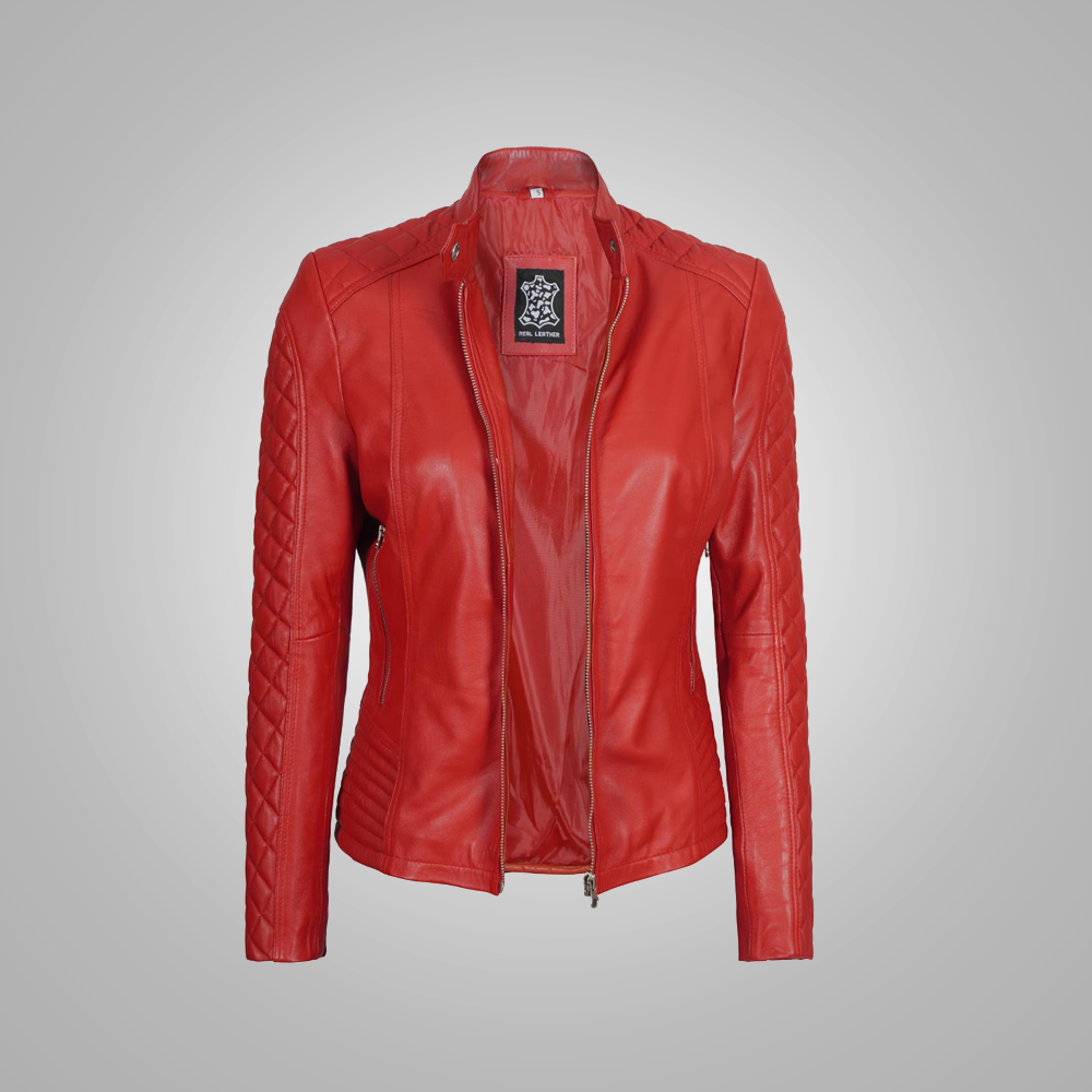 Women Red Genuine Leather Motorcycle Biker Jacket
