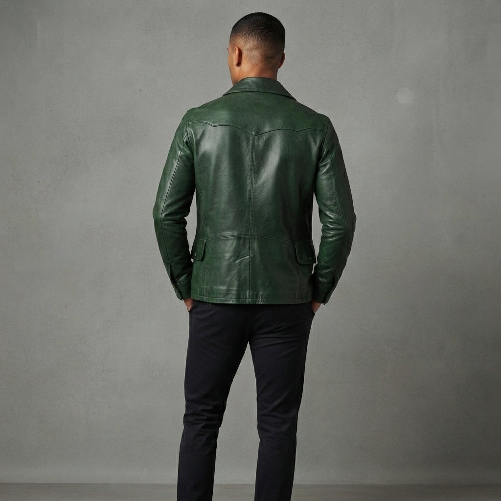 Men's Olive Green Leather Field Jacket - Leather Outlet