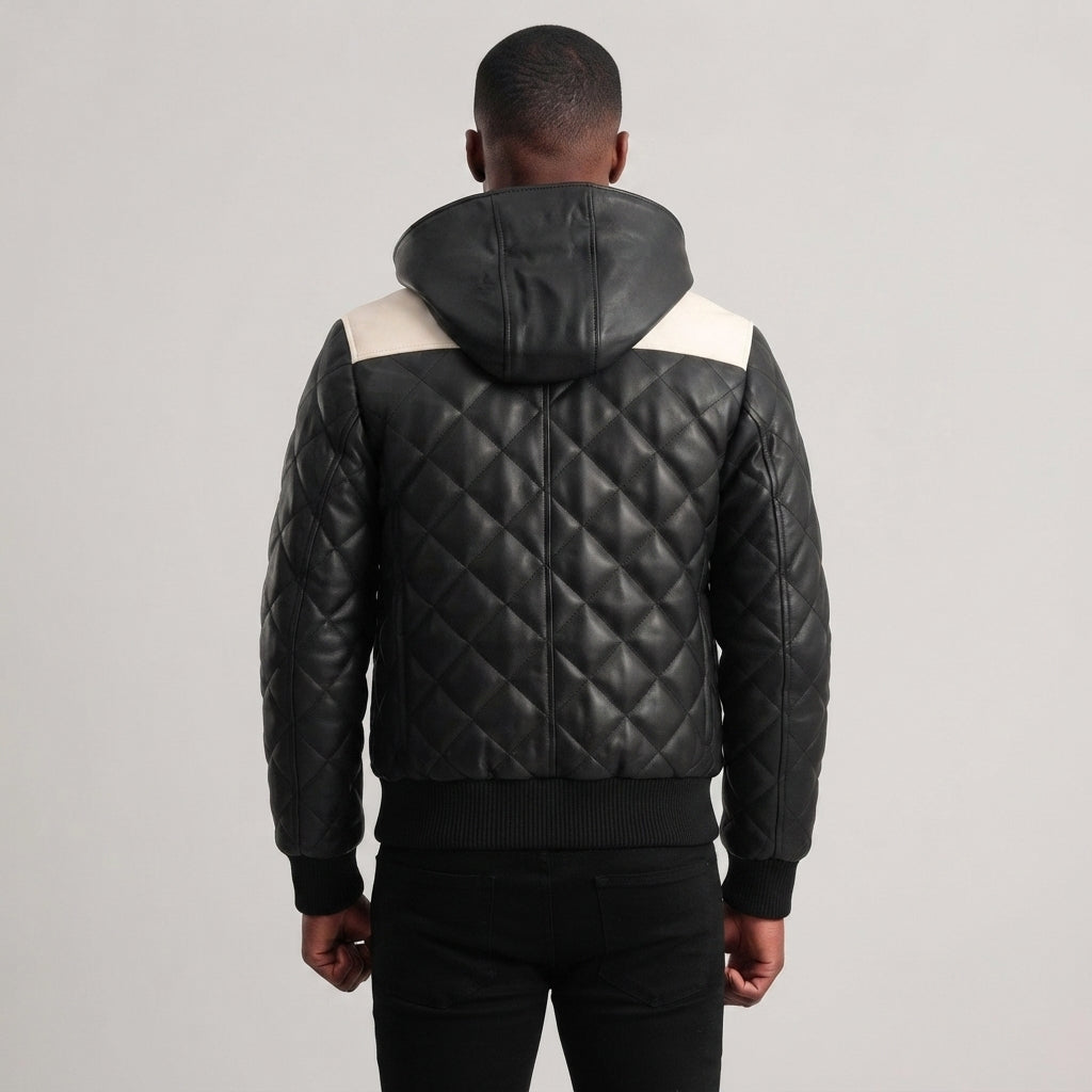 Men's Black White Hooded Leather Puffer Jacket - Leather Outlet