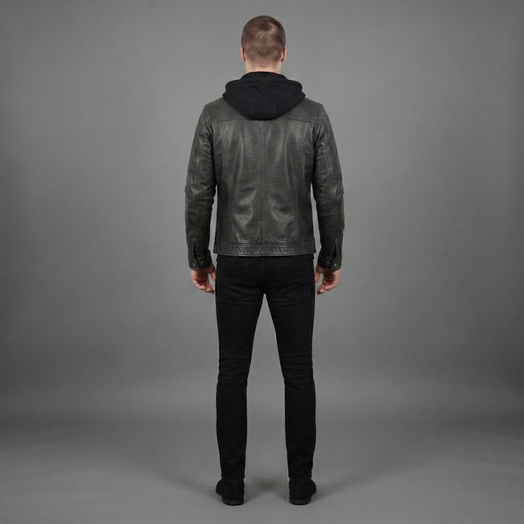 Men's Black Leather Hooded Jacket - Leather Outlet