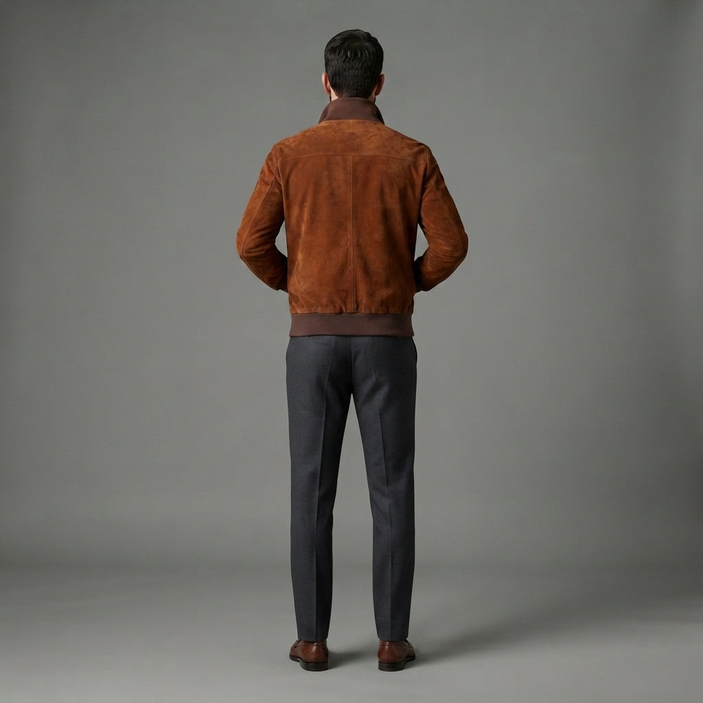 Men's Suede Blouson Long Sleeve Leather Jacket - Leather Outlet