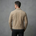 Men's Beige Leather Trucker Jacket - Leather Outlet