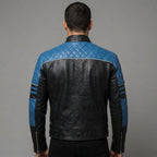 Men's Black Leather Jacket With Blue Shoulder - Leather Outlet