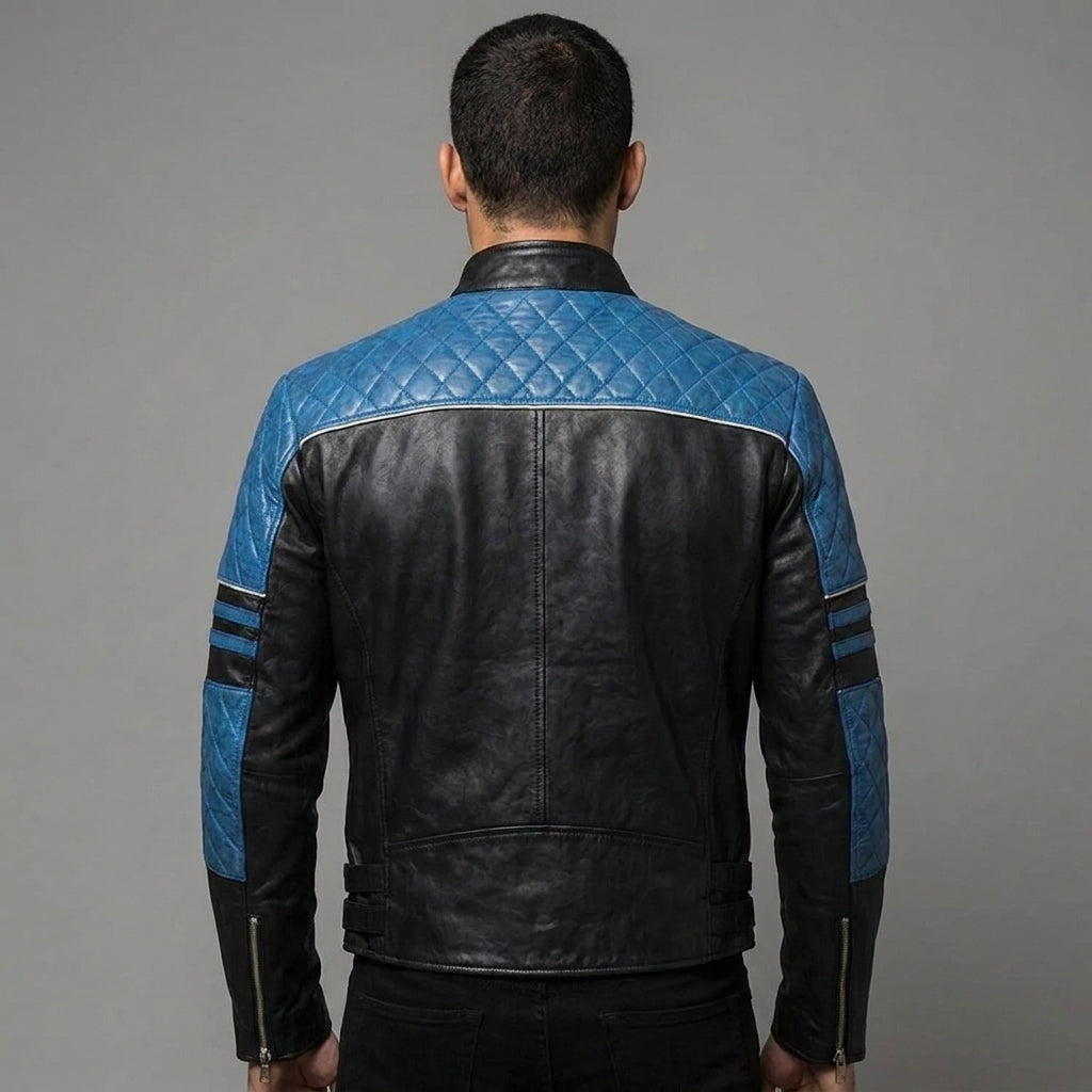 Men's Black Leather Jacket With Blue Shoulder - Leather Outlet