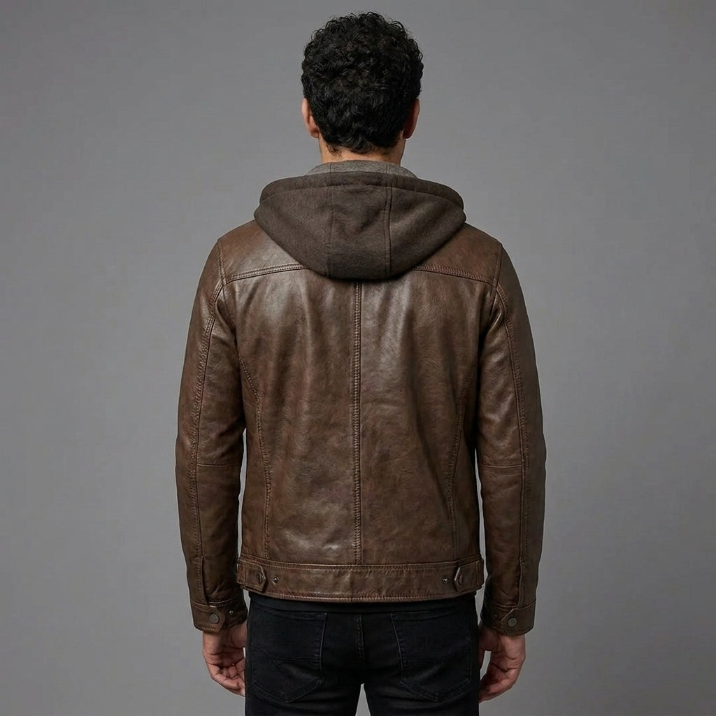 Men's Hooded Brown Leather Jacket - Leather Outlet