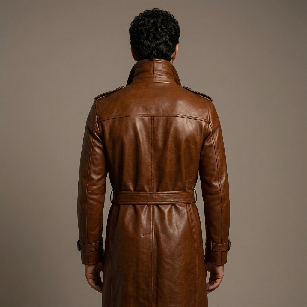 Men's Shiny Brown Leather Trench Coat - Leather Outlet