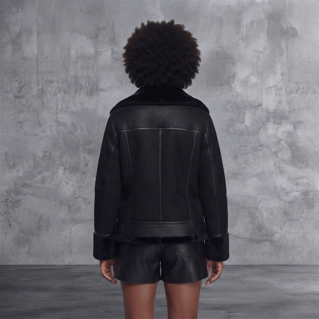 Women's Black Shearling Jacket with Fur Collar
