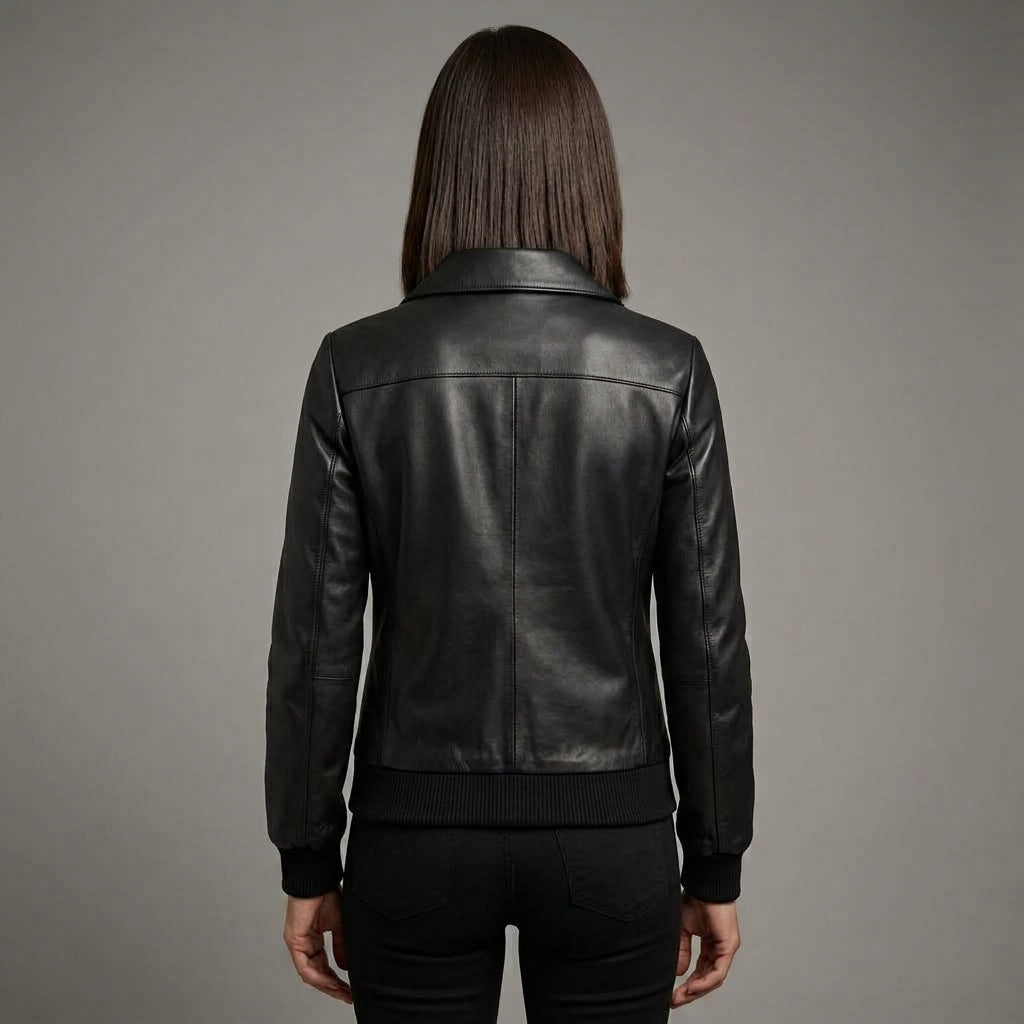 Women's Black Leather Bomber Jacket
