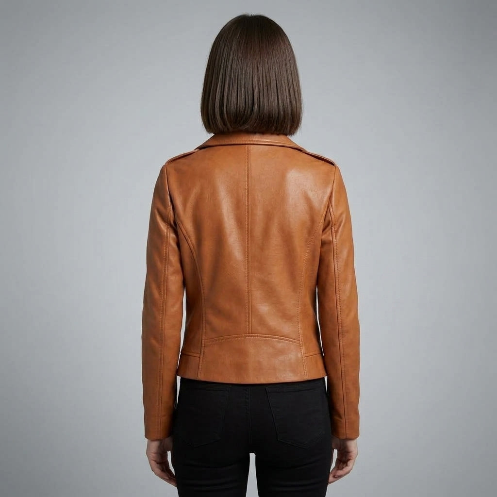 Women's Cognac Leather Biker Jacket