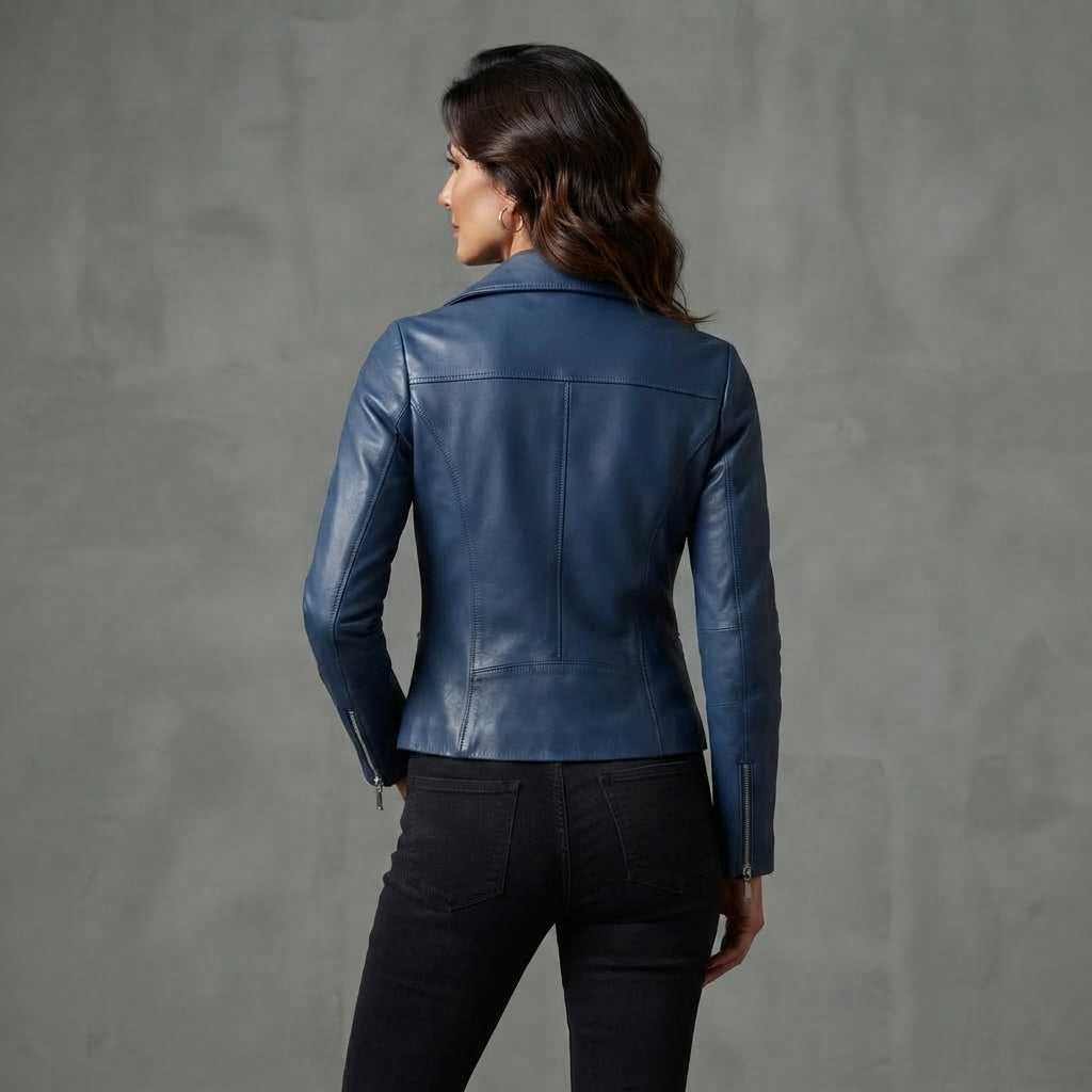 Women's Steel Blue Leather Biker Jacket