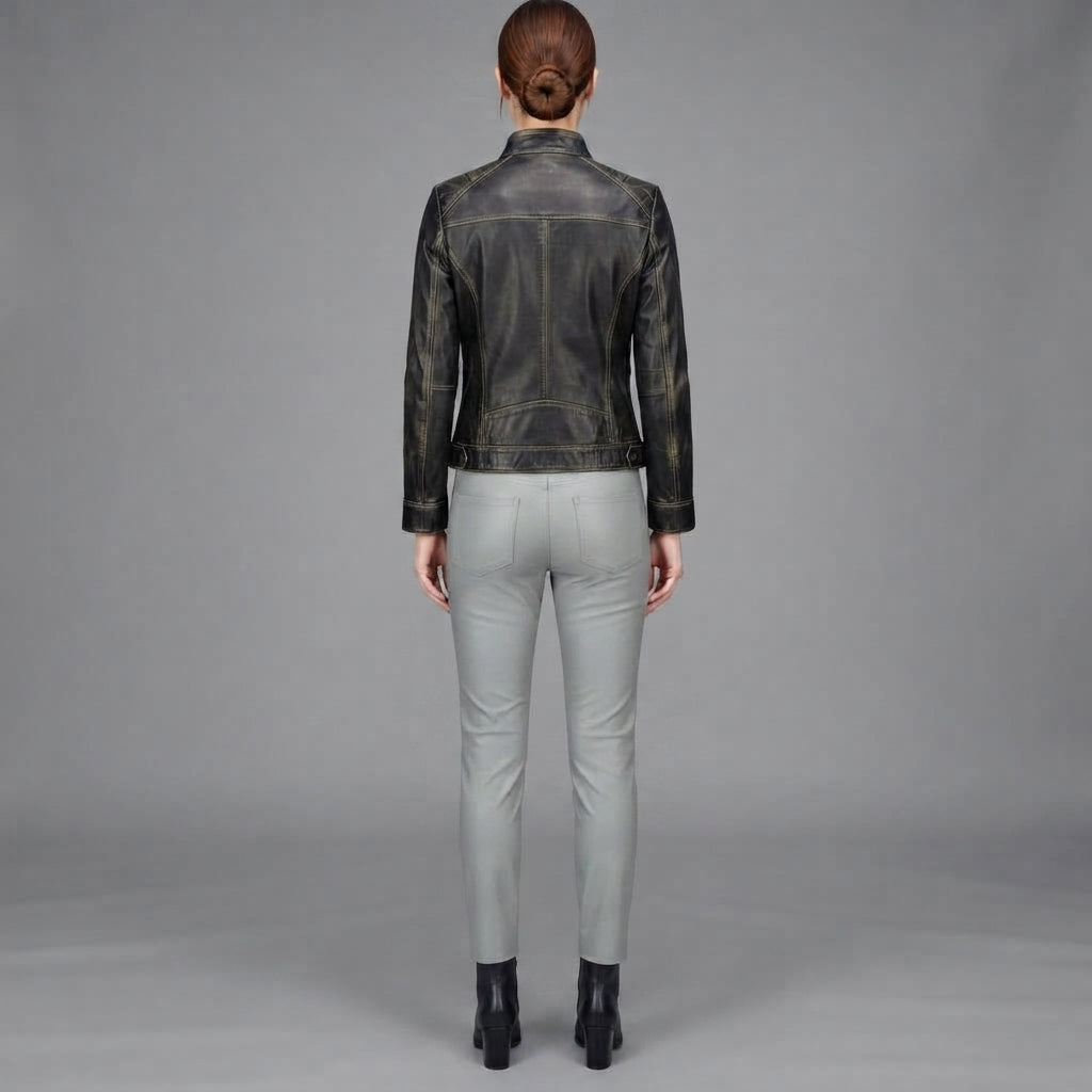 Women's Black Rub-off Cafe Racer Leather Jacket