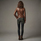 Women's Tan Distressed Leather Racer Jacket