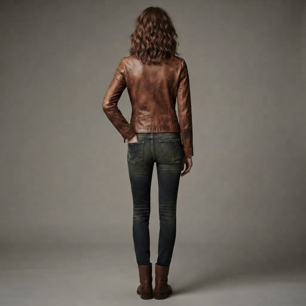 Women's Tan Distressed Leather Racer Jacket