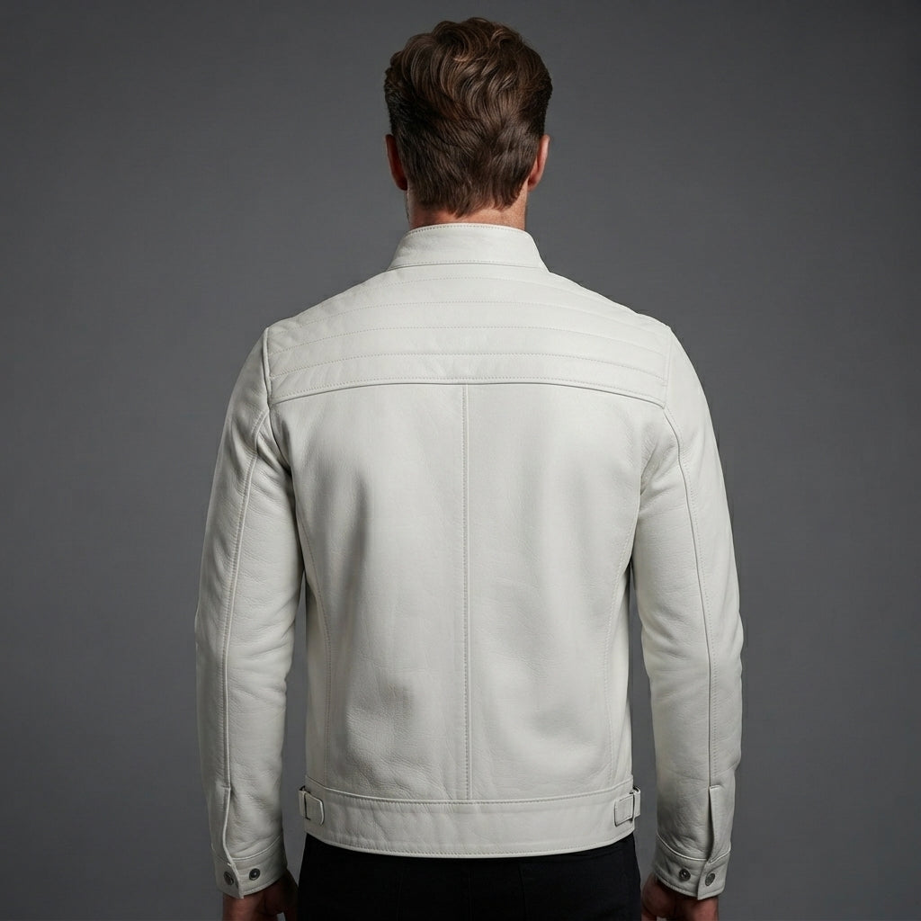 Men's White Cafe Racer Leather Jacket - Leather Outlet