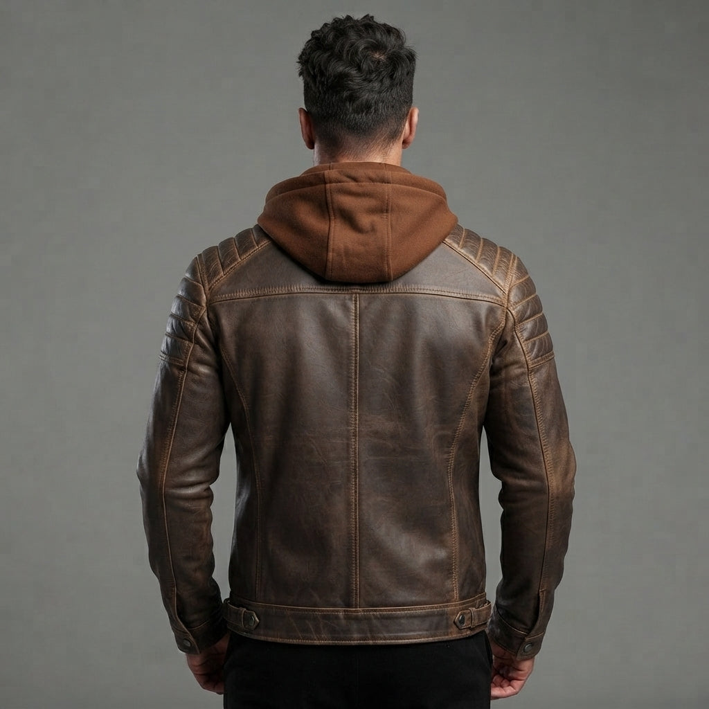 Men's Medium Brown Leather Hooded Jacket - Leather Outlet