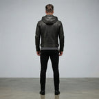 Men's Black Leather Jacket with Hood - Leather Outlet