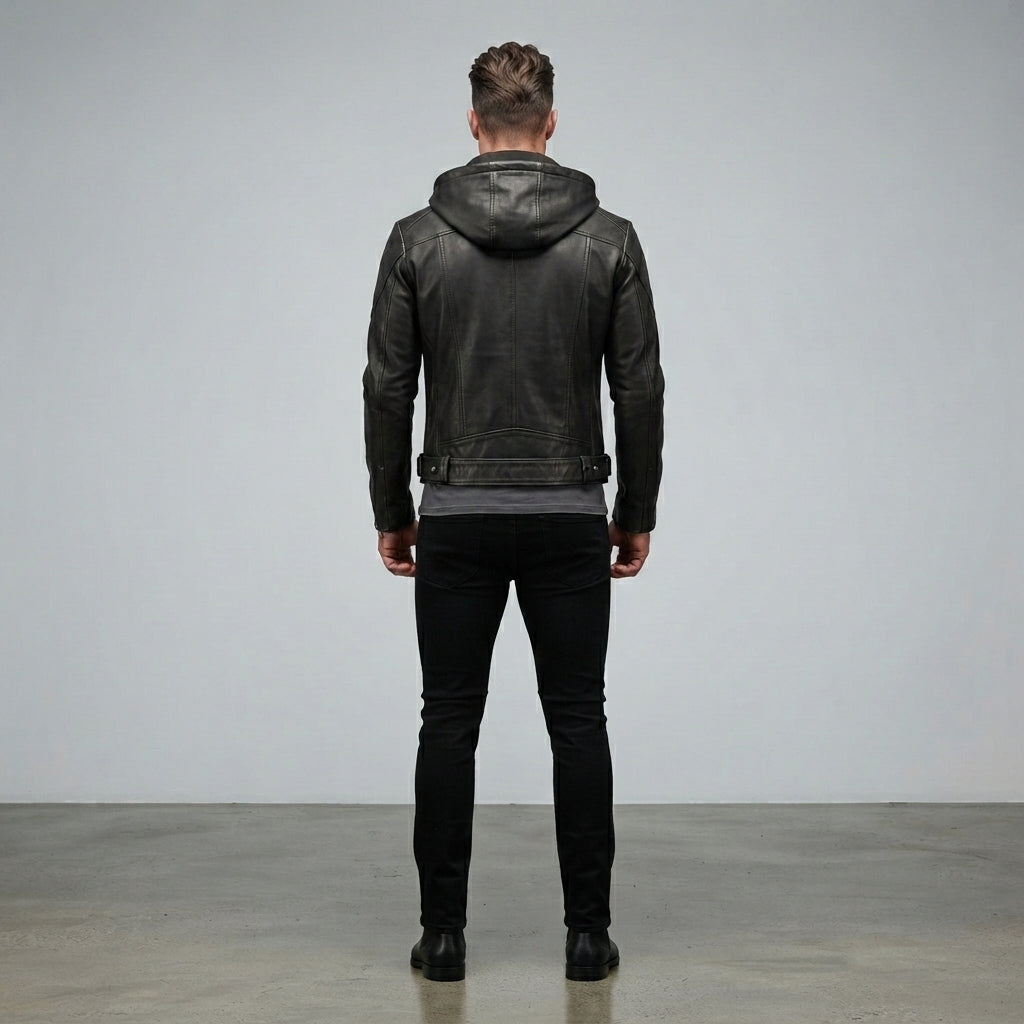 Men's Dark Brown Leather Hooded Jacket - Leather Outlet