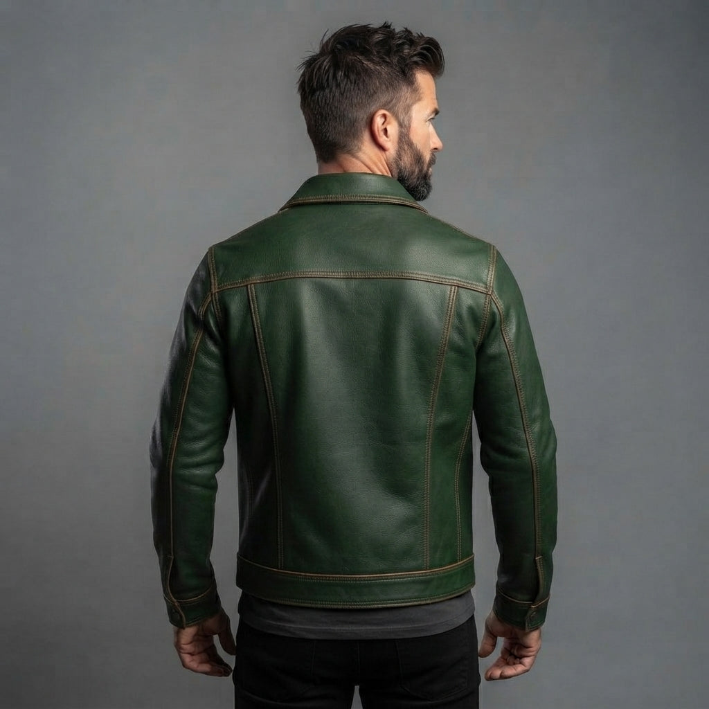 Men's Green Leather Biker Jacket - Leather Outlet