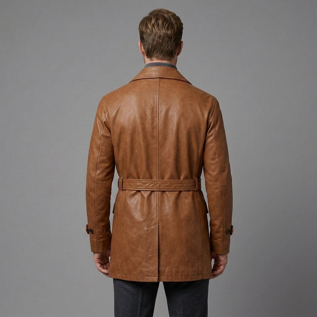 Men's Light Brown Leather Trench Coat - Leather Outlet