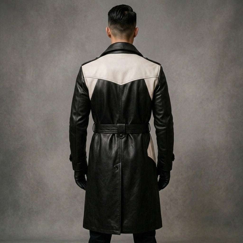 Men's Black & White Leather Trench Coat - Leather Outlet