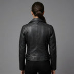 Women's Black Ribbed Sleeve Leather Biker Jacket