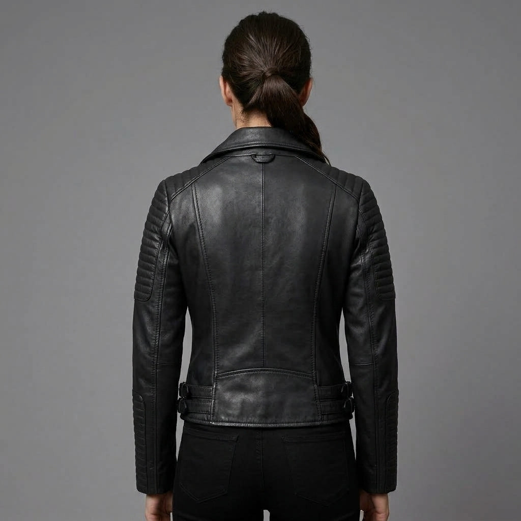 Women's Black Ribbed Sleeve Leather Biker Jacket