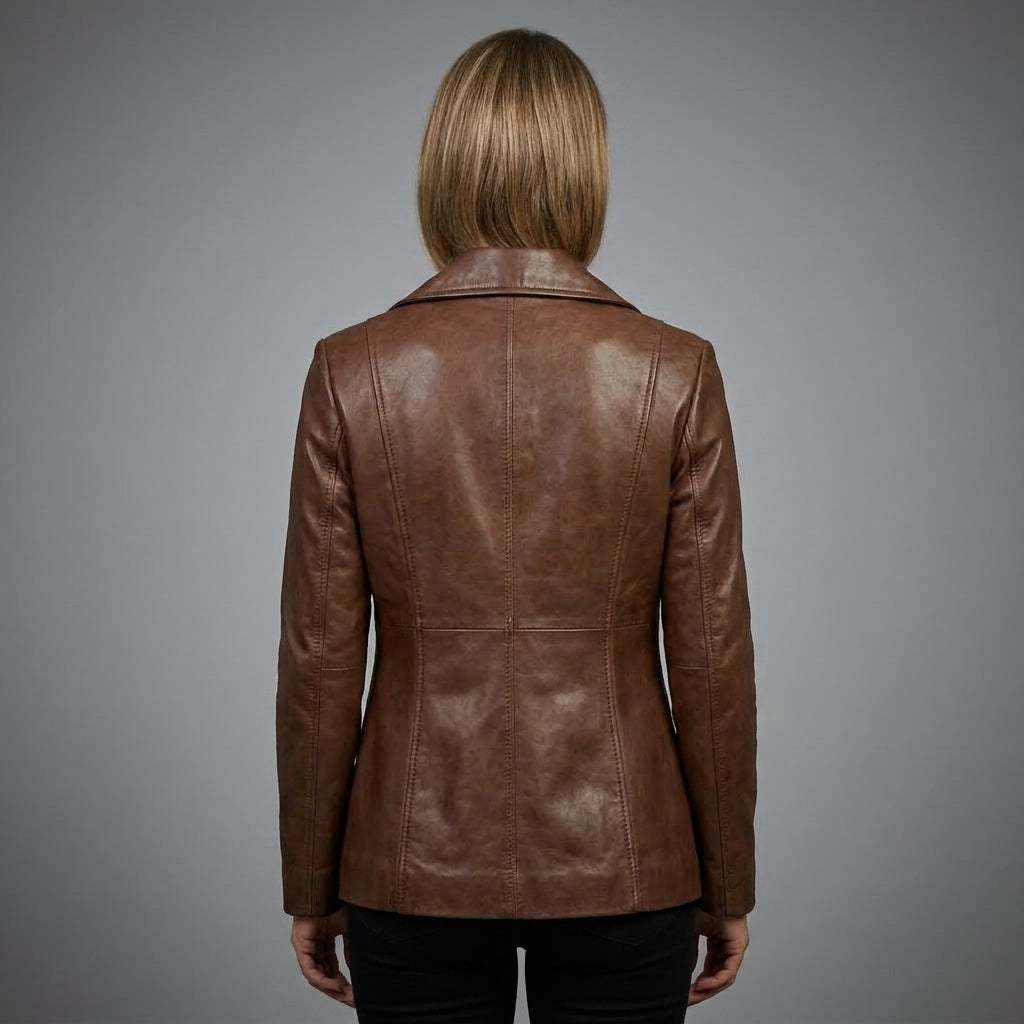 Women's Dark Brown Leather Blazer Coat