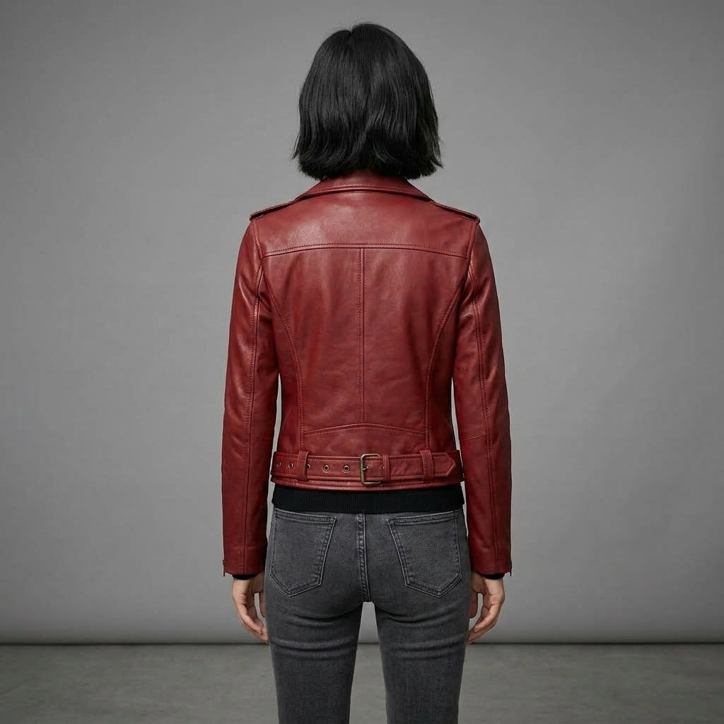Women's Cropped Burgundy Leather Moto Jacket