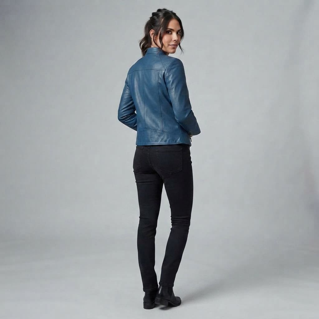 Women's Vintage Blue Leather Racer Jacket