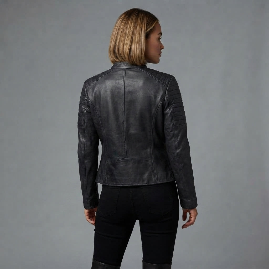 Women's Black Distressed Racer Leather Jacket