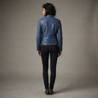 Women's Navy Blue Leather Racer Jacket