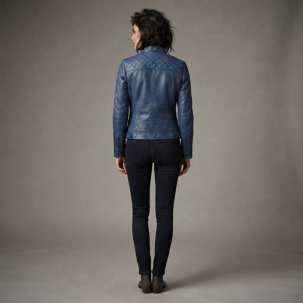 Women's Navy Blue Leather Racer Jacket