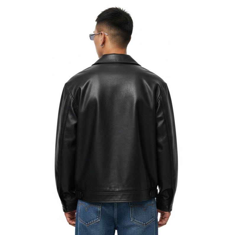 Mens Black Genuine Lambskin Leather Oversized Trucker Jacket