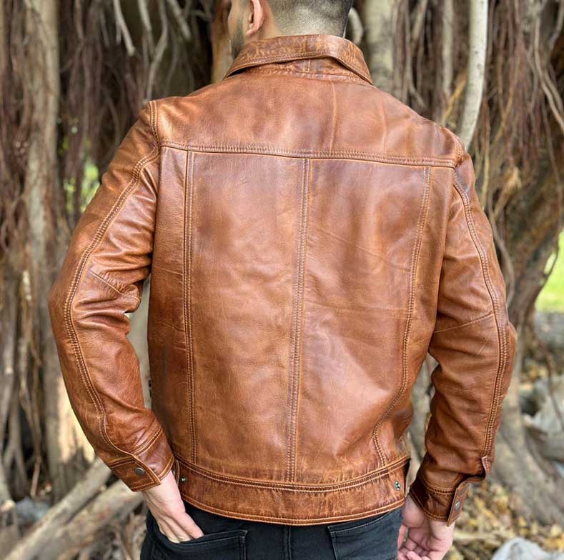 Mens Brown Lambskin Leather Biker Shirt Jacket