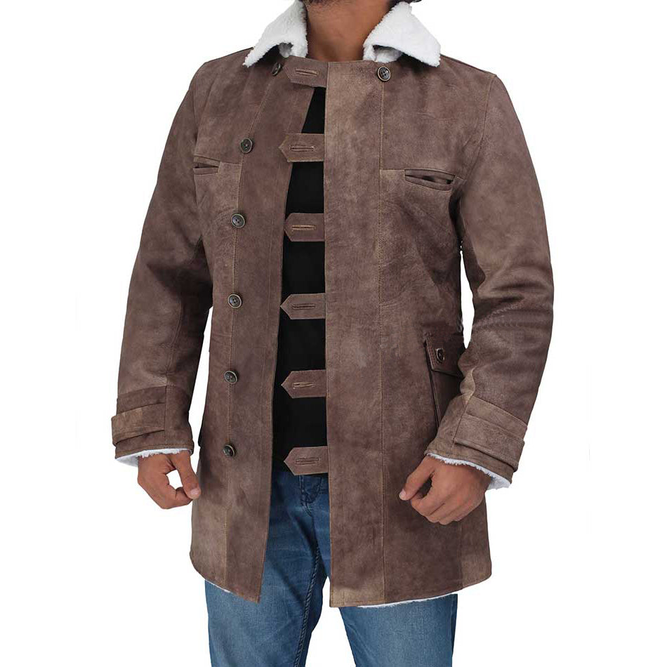 Mens Sherpa Brown Swedish Bomber Distressed Leather Coat