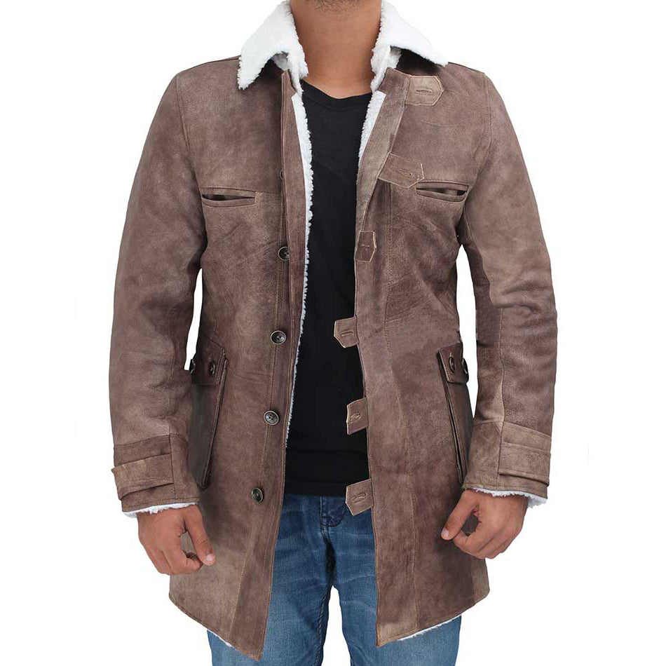 Mens Sherpa Brown Swedish Bomber Distressed Leather Coat