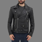 Belted Black Men's Motorcycle Racing Aviator Rider Leather Jacket