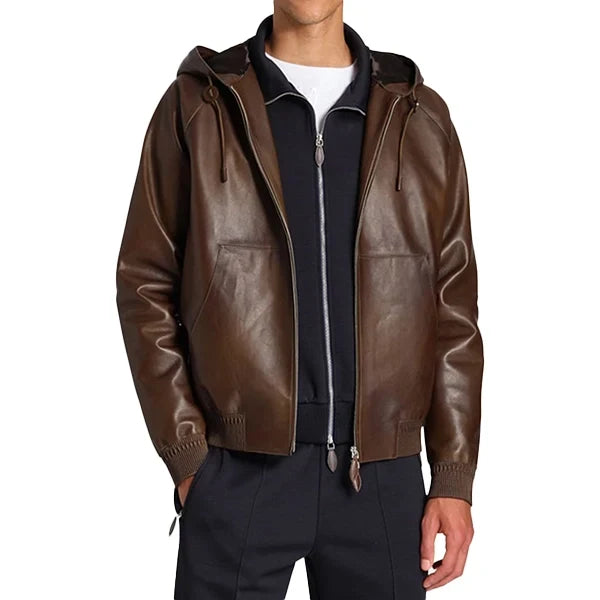 Brown Street Wear Mens Leather Bomber Jacket