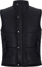 Men's Puffer Leather Vest In Black