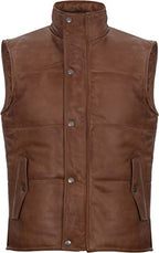 Men's Puffer Leather Vest In Brown