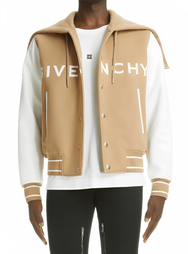 Men's Beige Varsity Bomber Leather Jacket with White Sleeves - Classic & Trendy