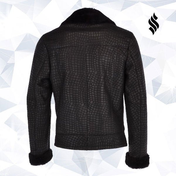 Mens Crocodile Print Sheepskin Coat Black : Theon