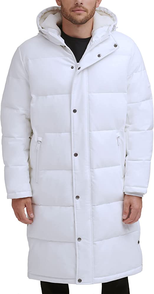 Men's White Trench Puffer Leather Coat - Sleek & Warm
