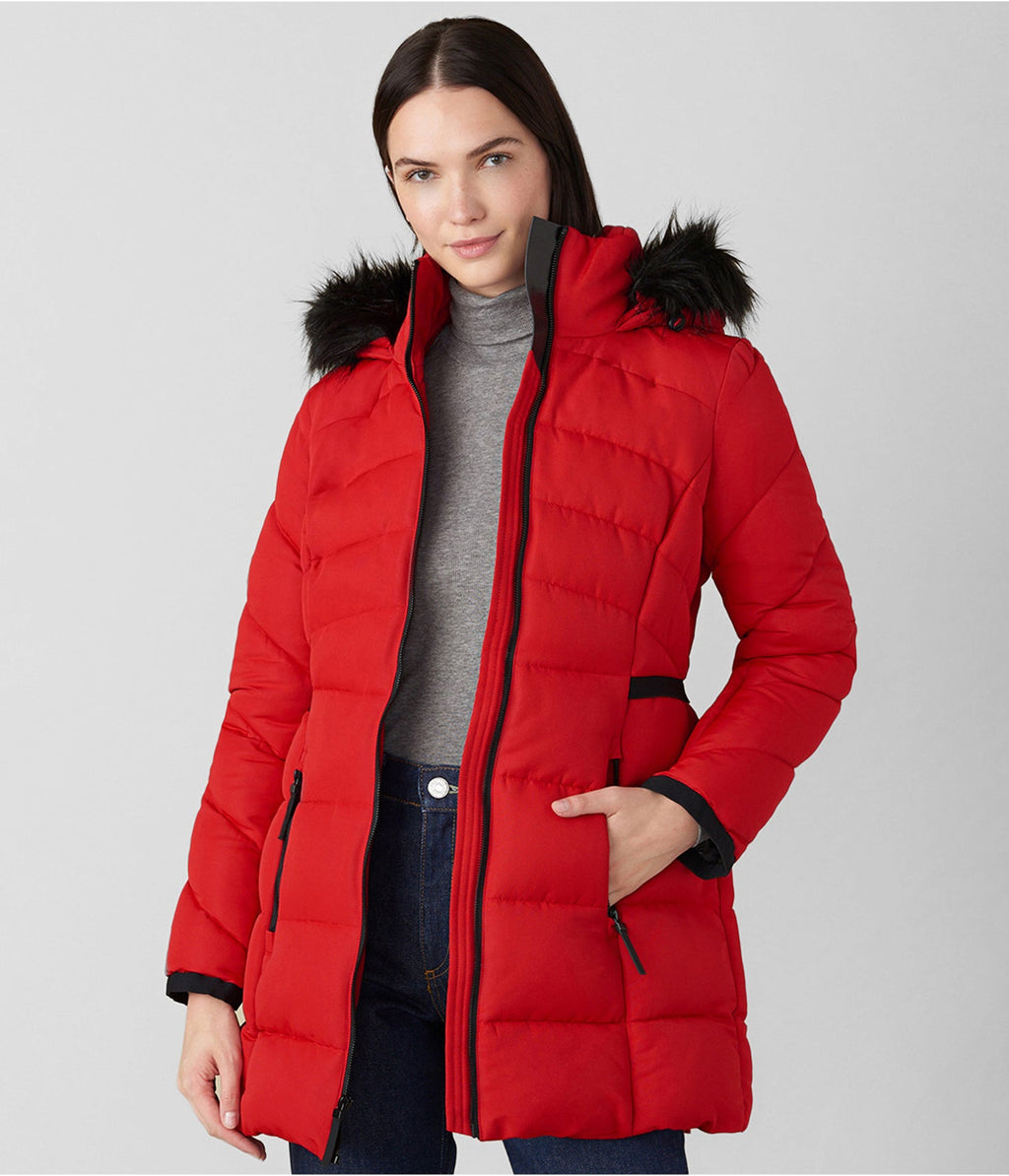 Women's Red Fur Hooded Puffer Coat