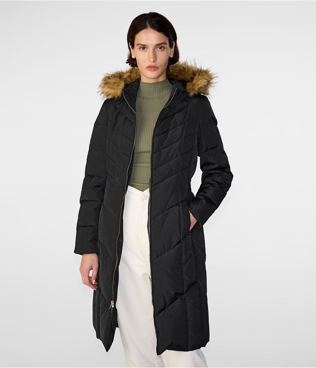 Women's Black Fur Hooded Puffer Trench Coat
