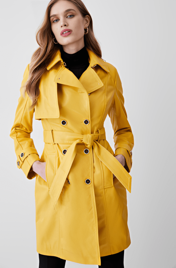 Women's Mustard Leather Trench Coat