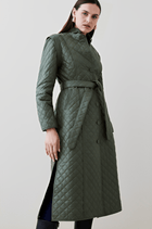 Women's Olive Quilted Leather Trench Coat